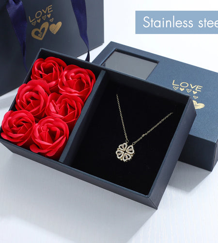 Rose Gift Box Four -Leaf Grass Necklace Heart Necklace Cute Four Leaf Clover Necklace Dainty Gold Necklaces Gifts for Girlfriend